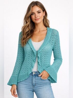 Pointelle Open Knit Linen Crochet Cardigan Scalloped Bell Sleeve Teal Y2K L
